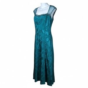 Vintage Victoria Secret Gold Label Teal Paisley Mesh Lace Maxi Dress Nightgown L